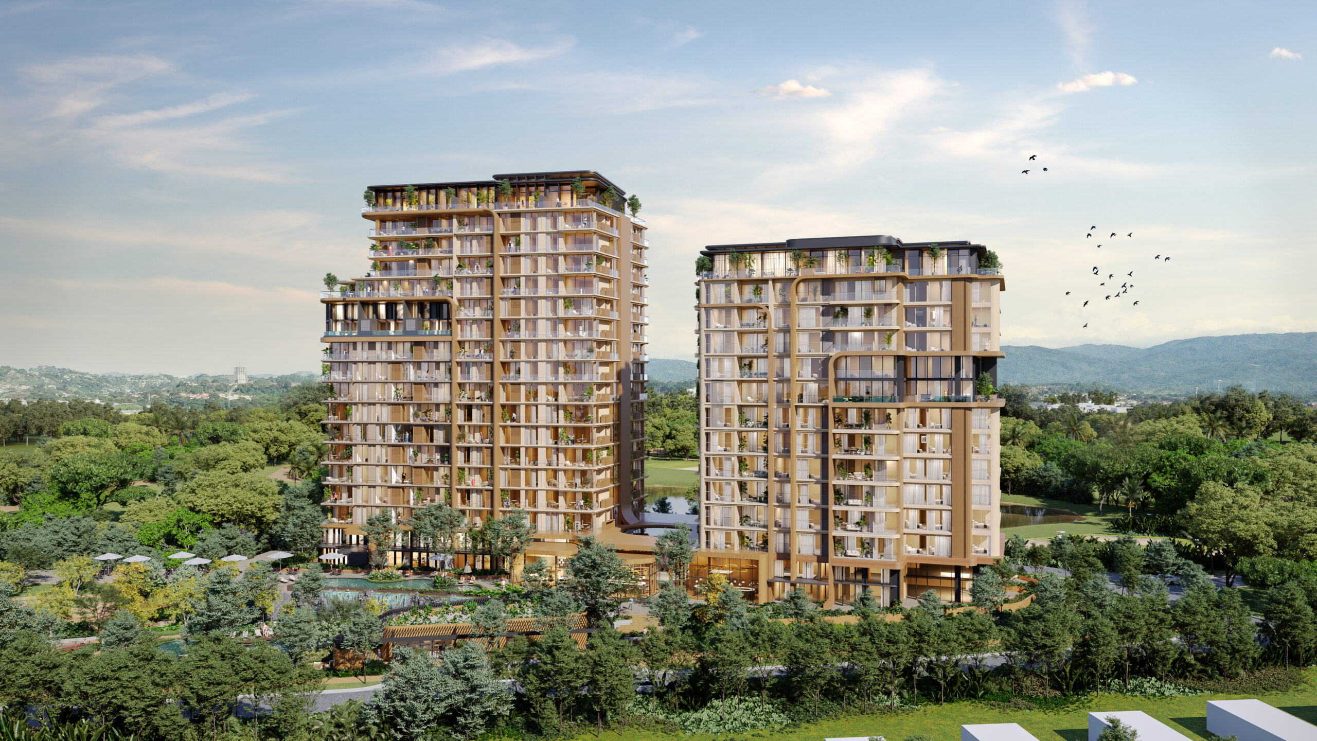 Panama City skyline across the bay, including Santa María and Costa del Este — the modern, welcoming retirement and medical tourism hub served by Comfort Care Panama.